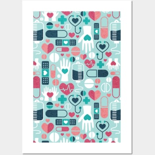 Keep safe be healthy // aqua background navy blue mint red white and coral medicine elements Posters and Art